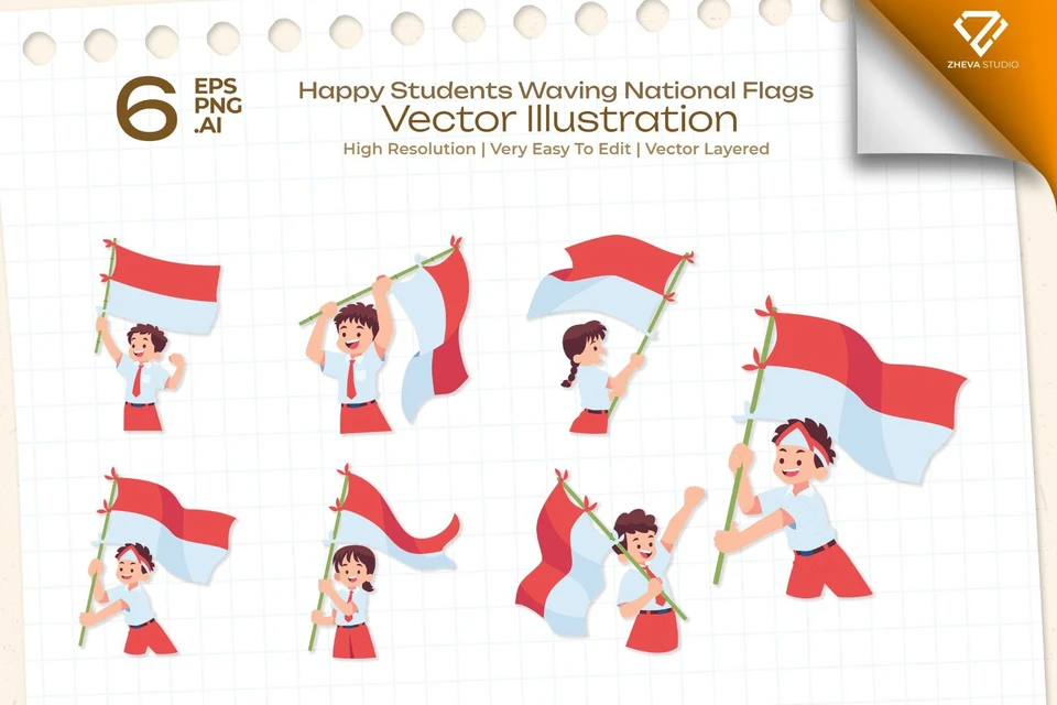 Premium Happy Students Waving National Flags Vector Illustration – 6 EPS & PNG Files