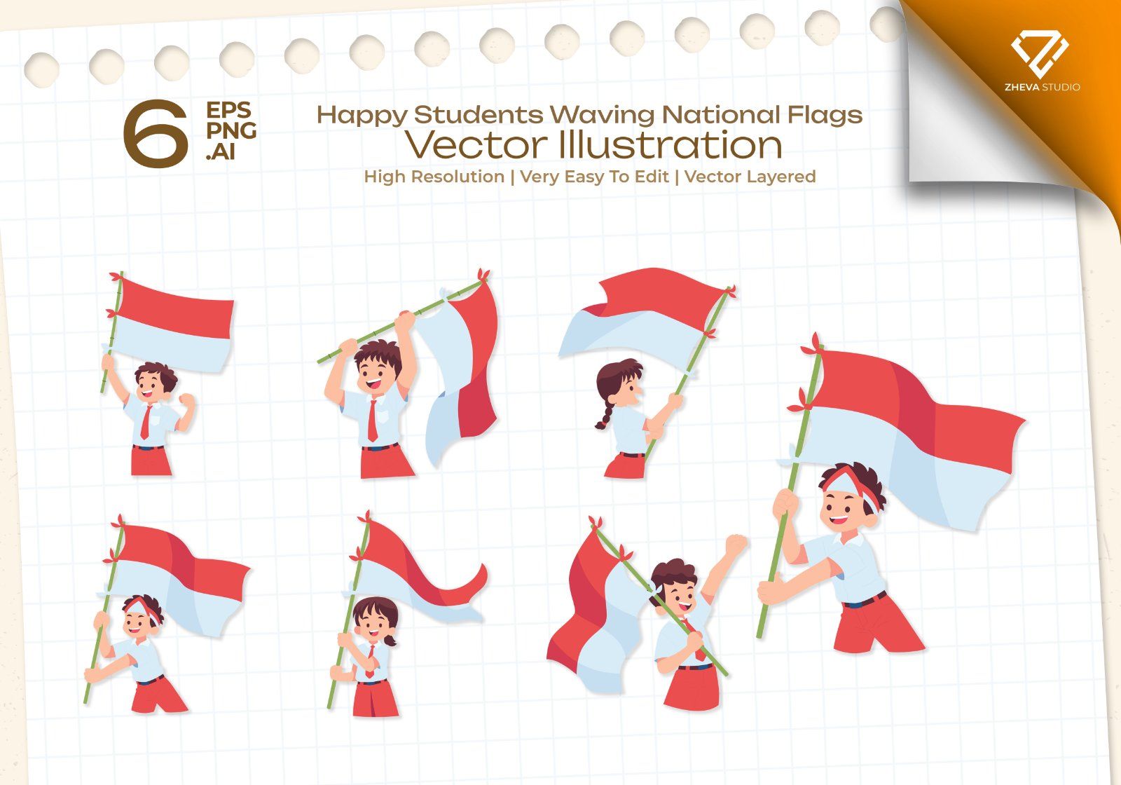 Premium Happy Students Waving National Flags Vector Illustration – 6 EPS & PNG Files