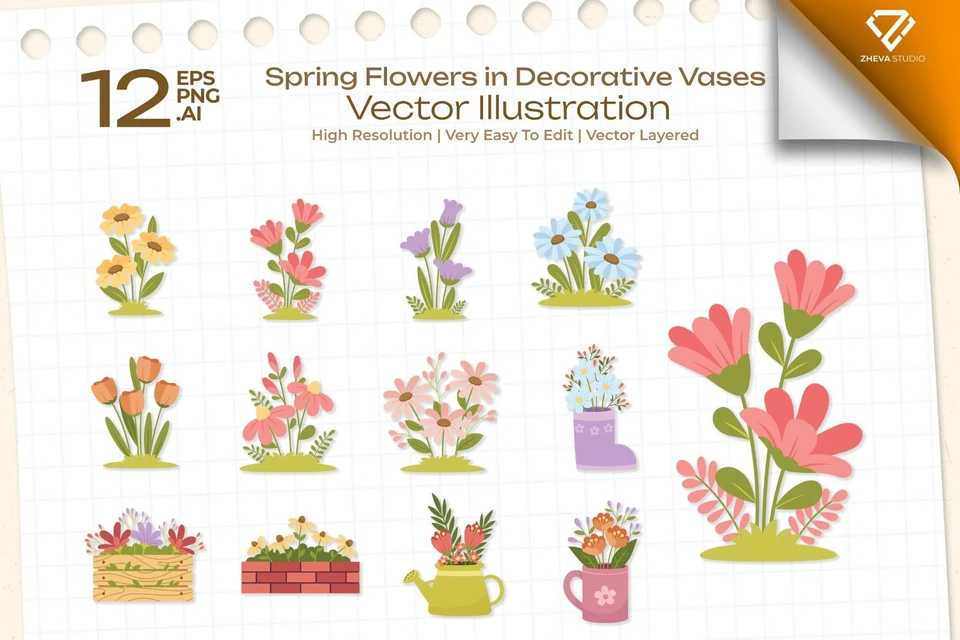 Premium Spring Flowers in Decorative Vases Vector Illustration – 12 EPS & PNG Files