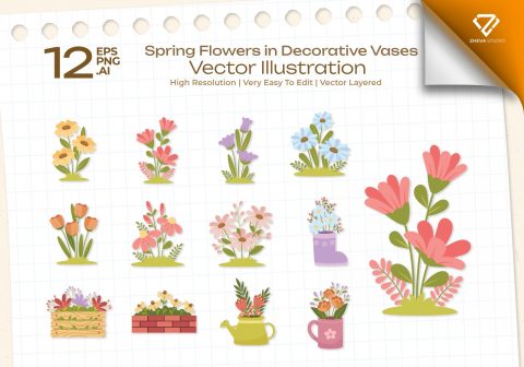 Premium Spring Flowers in Decorative Vases Vector Illustration – 12 EPS & PNG Files