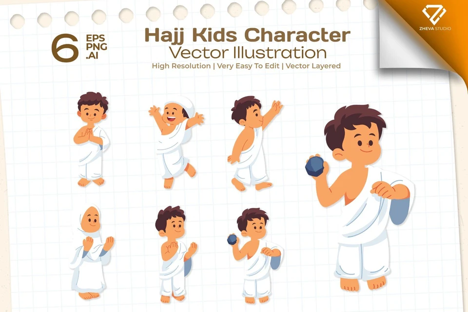 Premium Hajj Kids Character Vector Illustration – 6 EPS & PNG Files