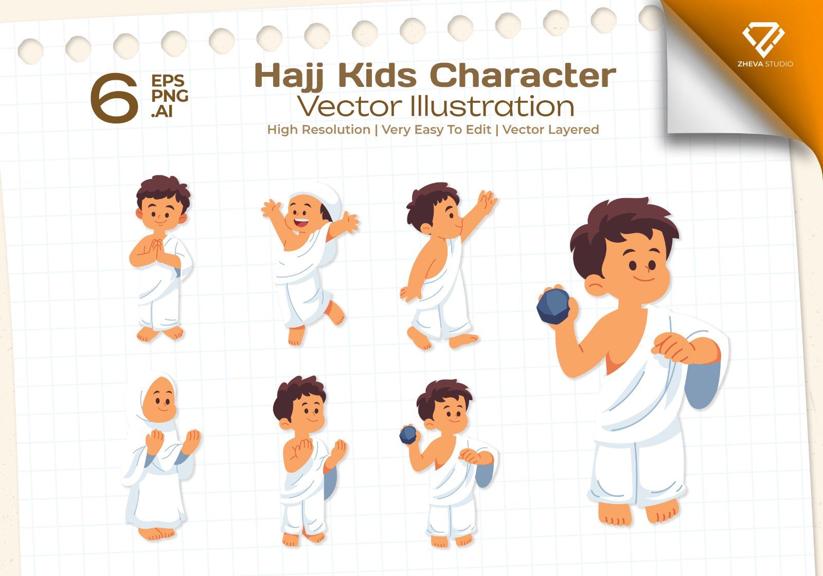 Premium Hajj Kids Character Vector Illustration – 6 EPS & PNG Files