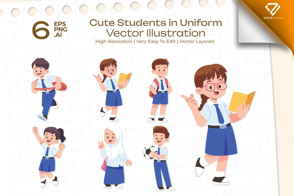 Premium Cute Students in Uniform Vector Illustration – 6 EPS & PNG Files