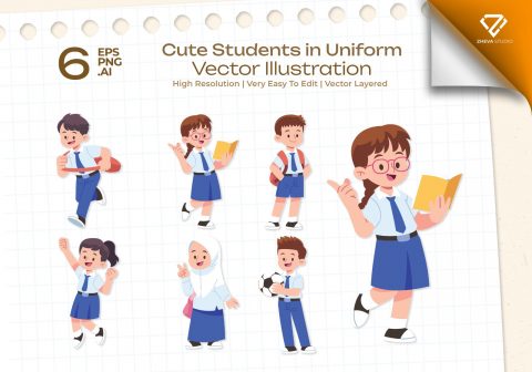 Premium Cute Students in Uniform Vector Illustration – 6 EPS & PNG Files