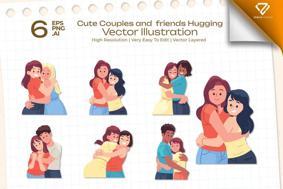 Premium Cute Couples and friends Hugging Vector Illustration