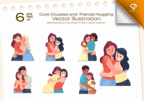 Premium Cute Couples and friends Hugging Vector Illustration