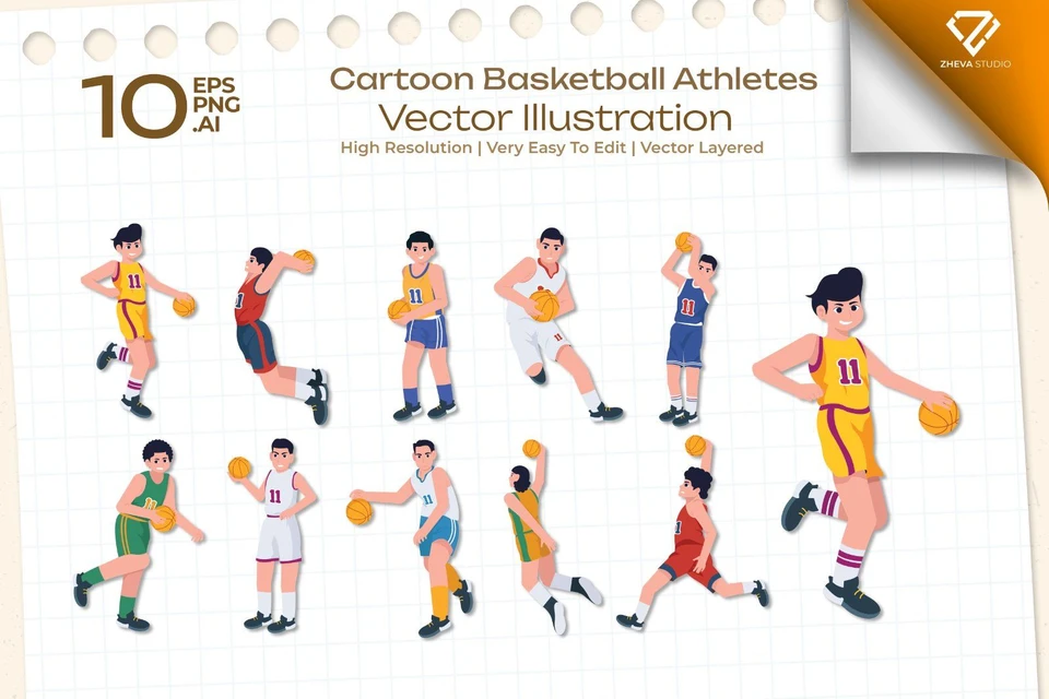 Premium Cartoon Basketball Athletes Vector Illustration