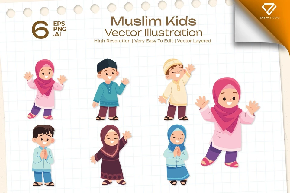Premium Muslim Kids Vector Illustration – 6 EPS & PNG Files