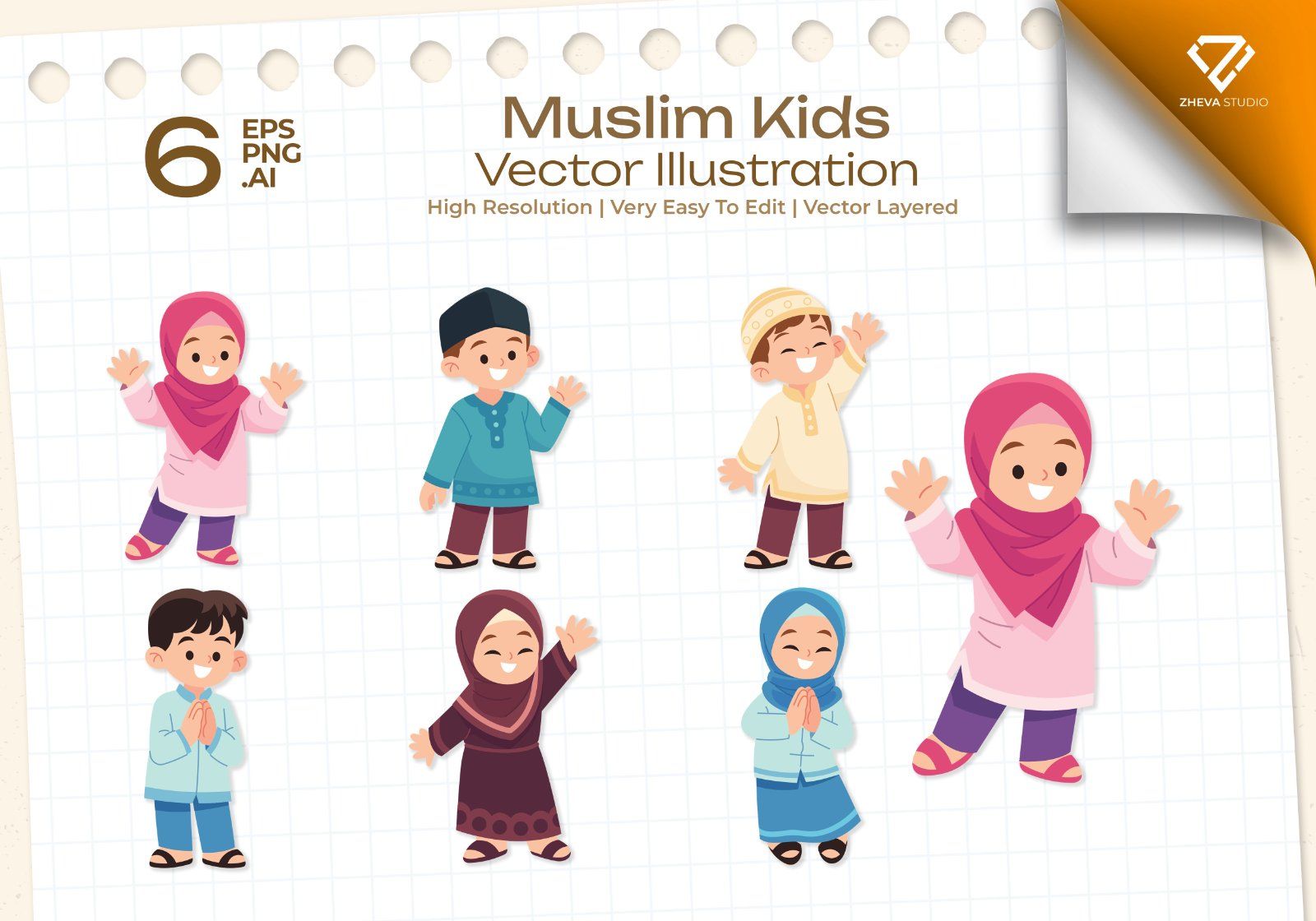 Premium Muslim Kids Vector Illustration – 6 EPS & PNG Files