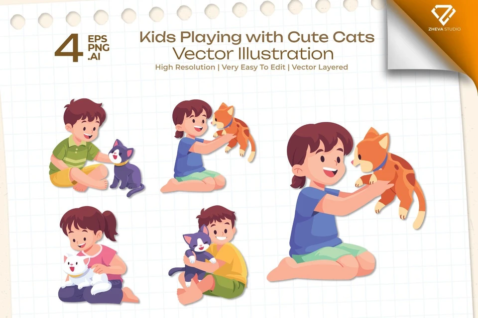 Premium Kids Playing with Cute Cats Vector Illustration