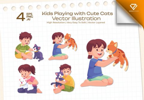 Premium Kids Playing with Cute Cats Vector Illustration
