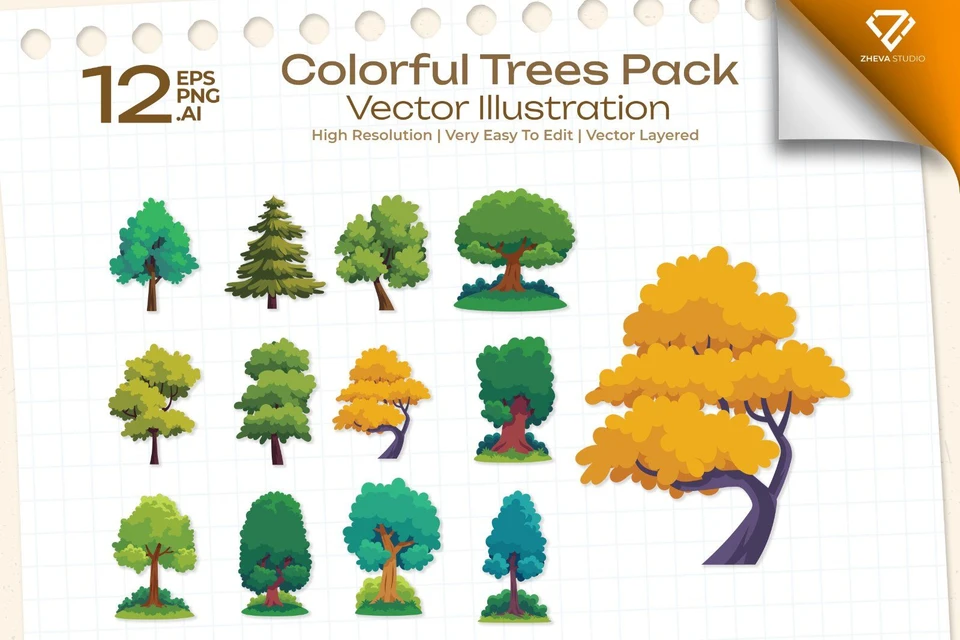 Premium Colorful Trees Pack Vector Illustration – 12 EPS & PNG Files
