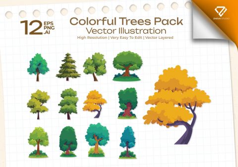 Premium Colorful Trees Pack Vector Illustration – 12 EPS & PNG Files