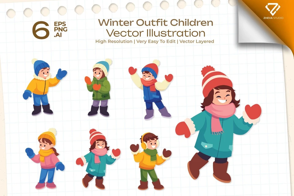 Premium Winter Outfit Children Vector Illustration – 6 EPS & PNG Files