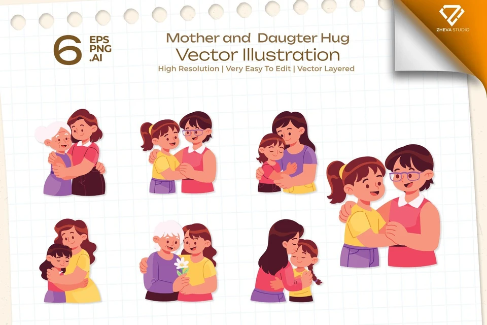 Premium Mother and Daugter Hug Vector Illustration – 6 EPS & PNG Files