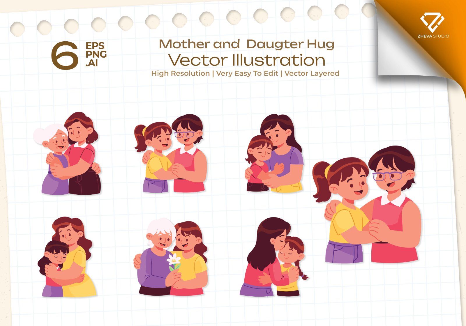 Premium Mother and Daugter Hug Vector Illustration – 6 EPS & PNG Files