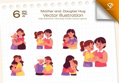 Premium Mother and Daugter Hug Vector Illustration – 6 EPS & PNG Files