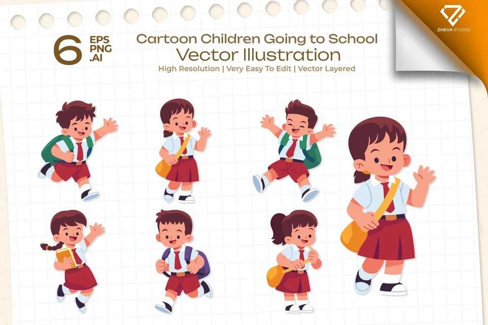 Premium Cartoon Children Going to School Vector Illustration