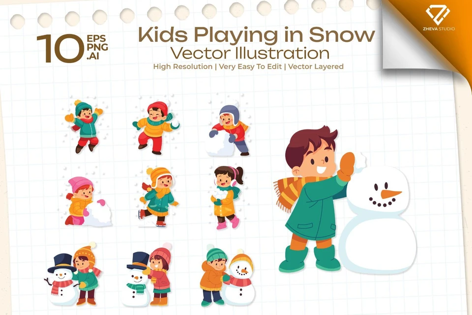 Premium Kids Playing in Snow Vector Illustration – 10 EPS & PNG Files