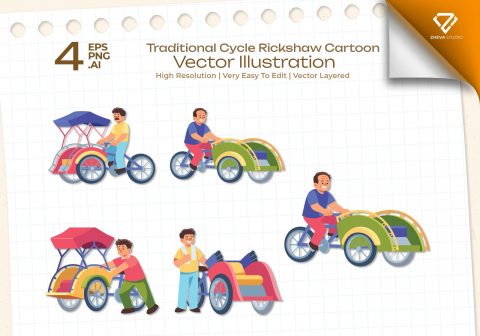 Premium Traditional Cycle Rickshaw Cartoon Vector Illustration