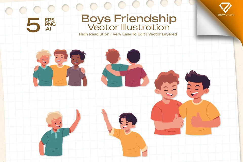 Premium Boys Friendship Vector Illustration – 5 EPS & PNG Files