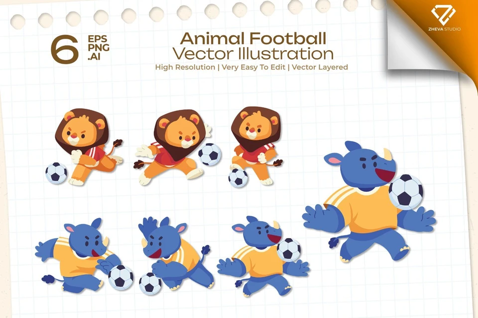 Premium Animal Football Vector Illustration   – 6 EPS & PNG Files 