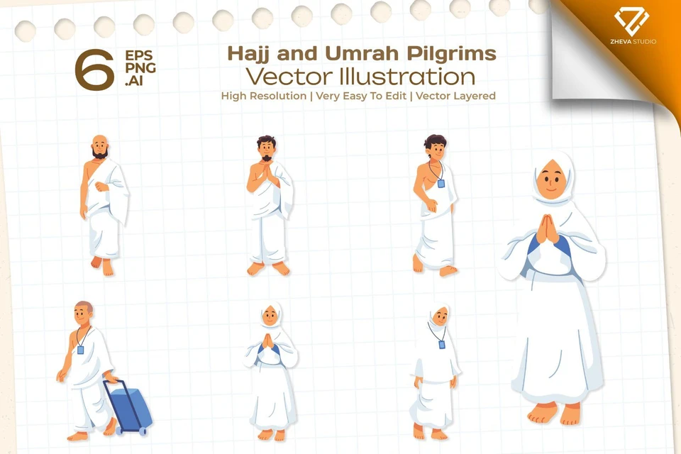 Premium Hajj and Umrah Pilgrims Vector Illustration – 6 EPS & PNG Files