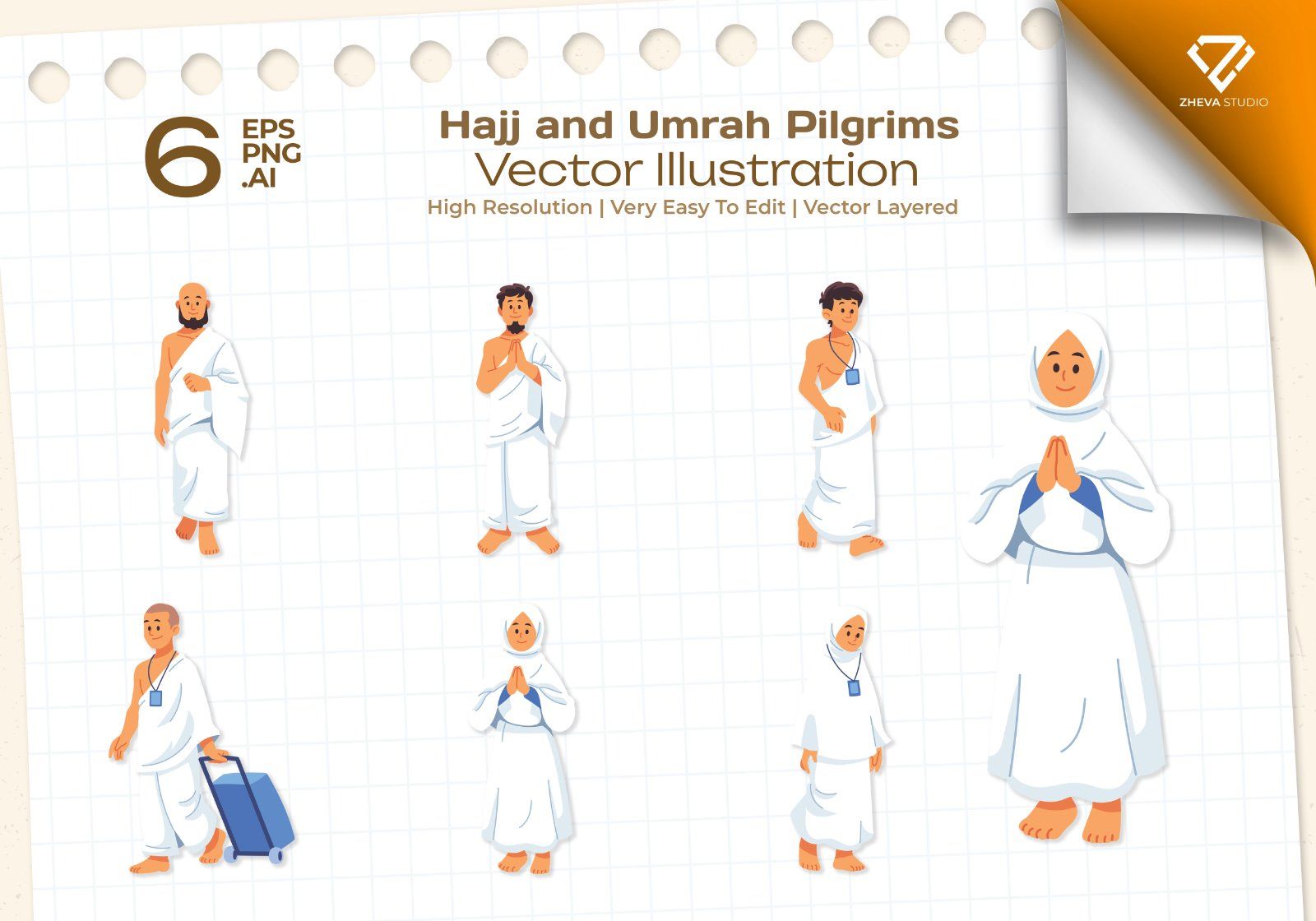 Premium Hajj and Umrah Pilgrims Vector Illustration – 6 EPS & PNG Files