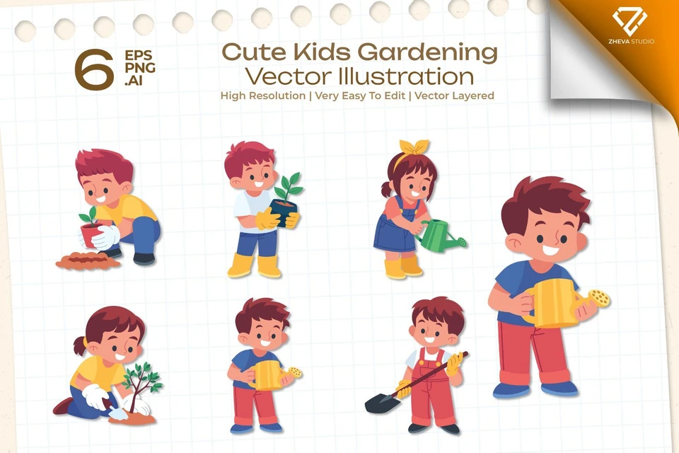 Premium Cute Kids Gardening Vector Illustration
