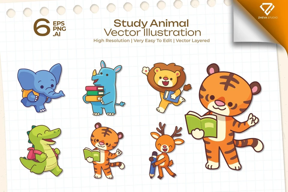 Premium Study Animal Vector Illustration – 6 EPS & PNG Files