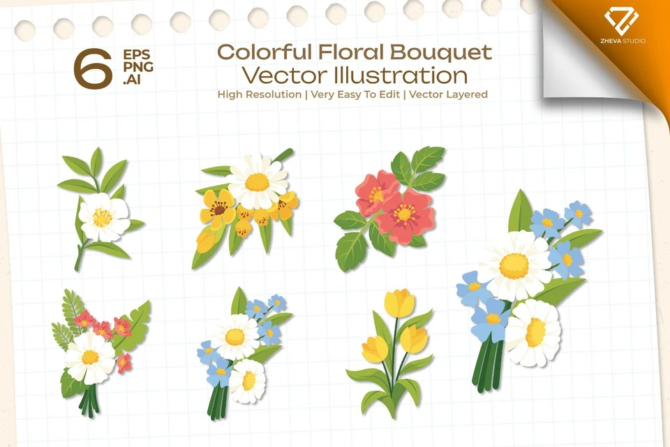 Premium Colorful Floral Bouquet Vector Illustration