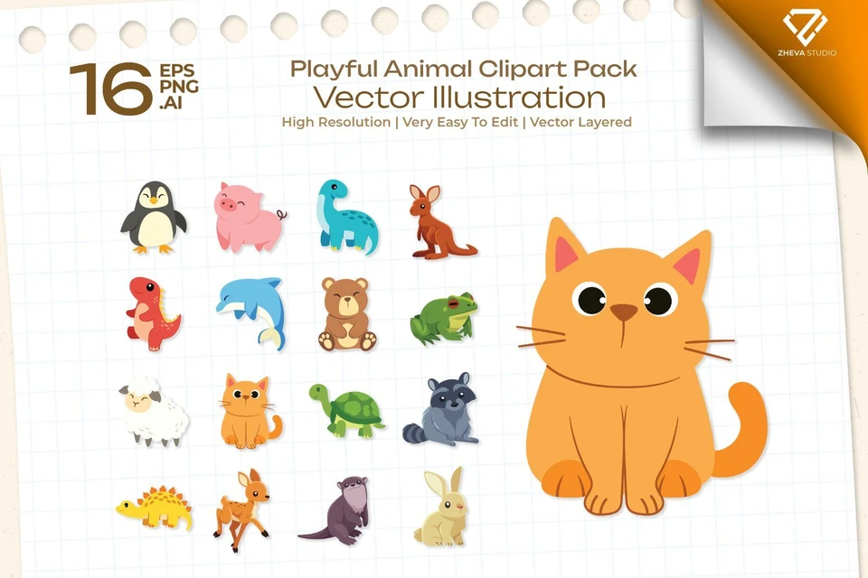Premium Playful Animal Clipart Pack Vector Illustration – 16 EPS & PNG Files