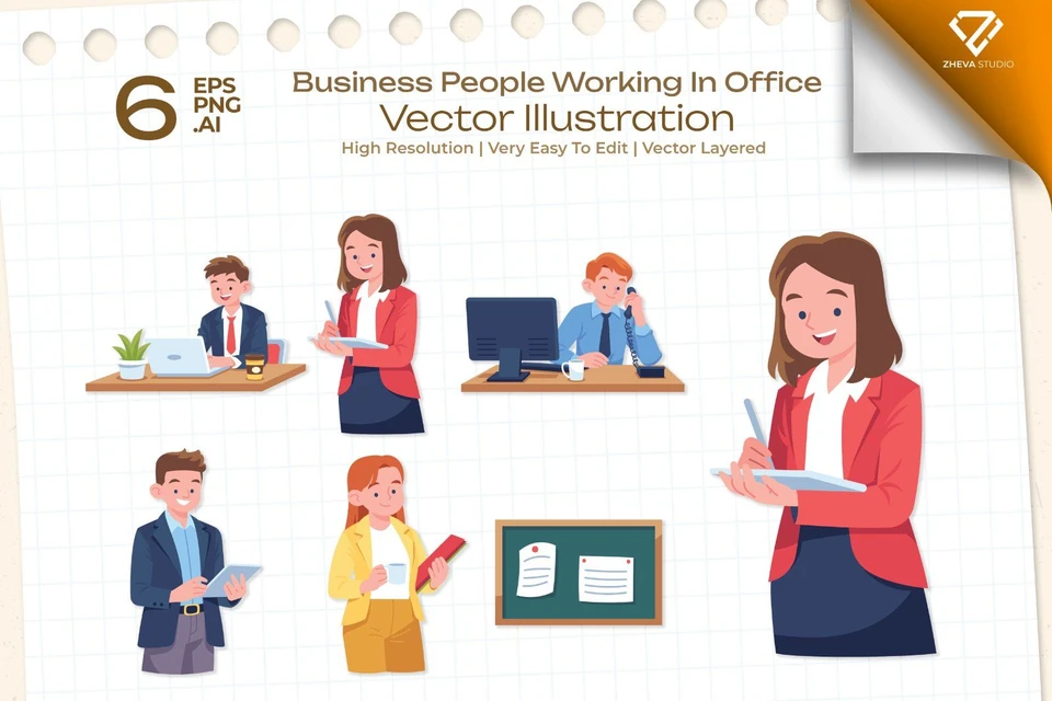 Premium Business People Working In Office Vector Illustration – 6 EPS & PNG Files