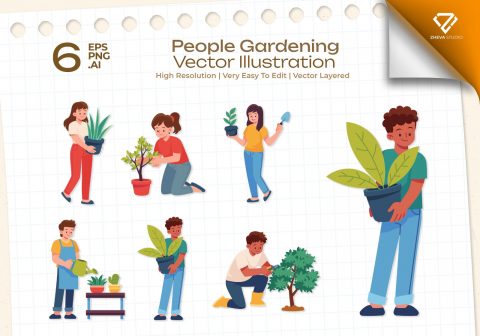 Premium People Gardening Vector Illustration – 6 EPS & PNG Files