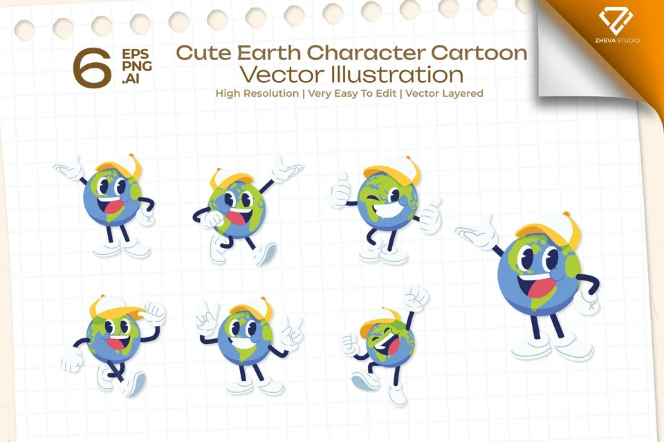 Premium Cute Earth Character Cartoon Vector Illustration – 6 EPS & PNG Files