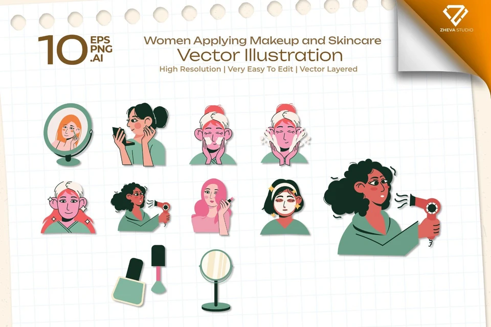 Premium Women Applying Makeup and Skincare Vector Illustration