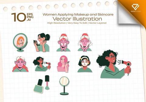 Premium Women Applying Makeup and Skincare Vector Illustration
