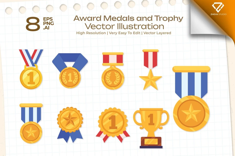 Premium Award Medals and Trophy Vector Illustration – 8 EPS & PNG File