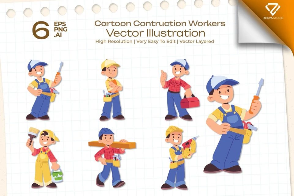 Premium Cartoon Contruction Workers Vector Illustration