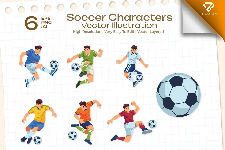 Premium Soccer Characters Vector Illustration – 6 EPS & PNG Files