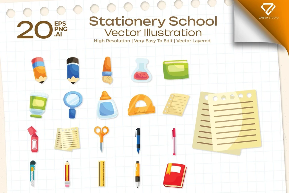 Premium Stationery School Vector Illustration – 20 EPS & PNG Files