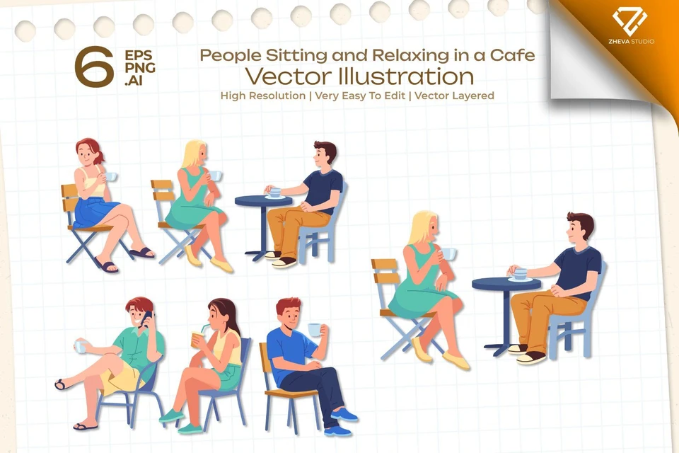 Premium People Sitting and Relaxing in a Cafe Vector Illustration
