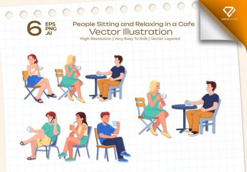Premium People Sitting and Relaxing in a Cafe Vector Illustration