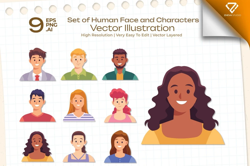 Premium Set of Human Face and Characters Vector Illustration