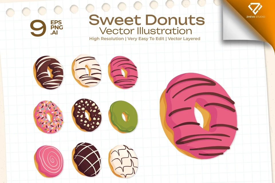 Premium Sweet Donuts Vector Illustration – 9 EPS & PNG Files
