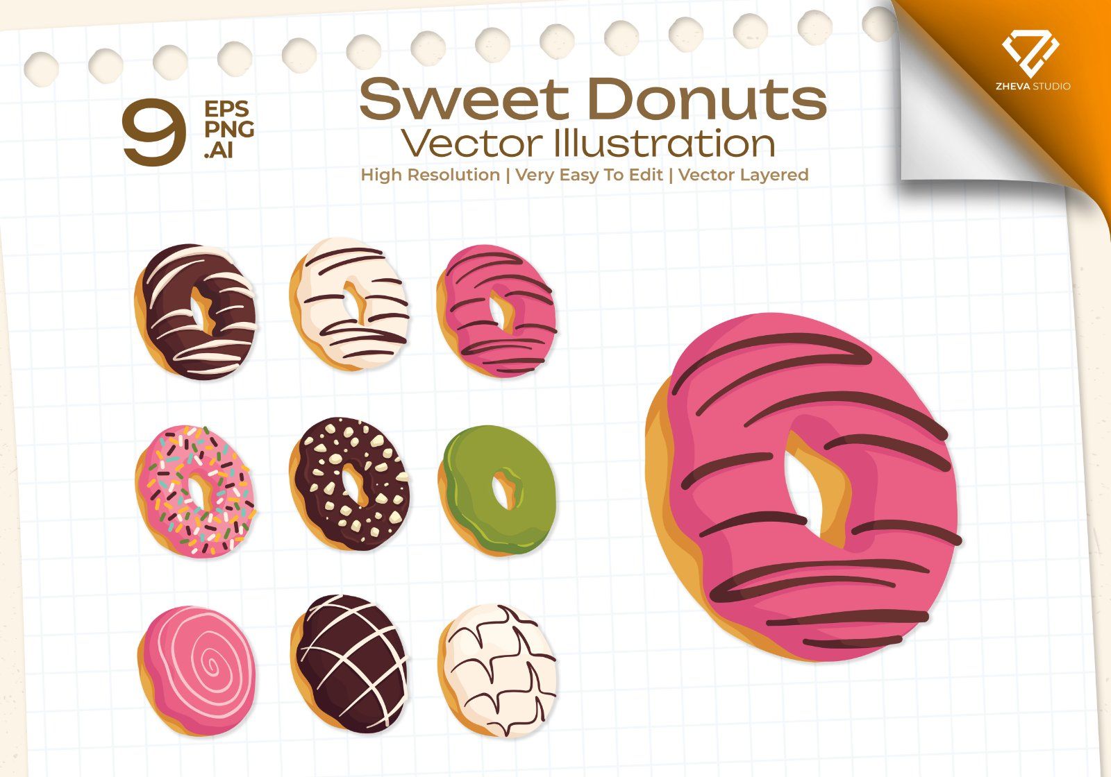 Premium Sweet Donuts Vector Illustration – 9 EPS & PNG Files