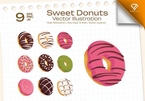Premium Sweet Donuts Vector Illustration – 9 EPS & PNG Files