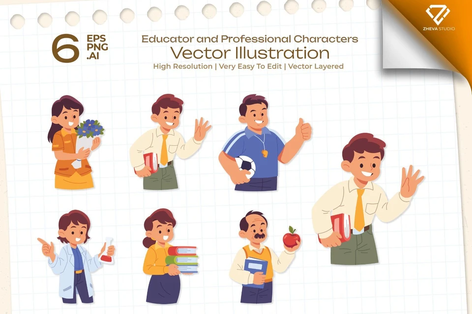 Premium Educator and Professional Characters Vector Illustration – 6 EPS & PNG Files