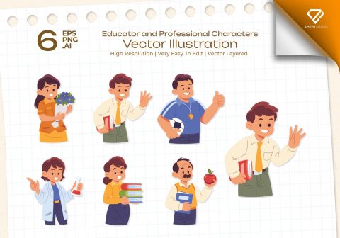 Premium Educator and Professional Characters Vector Illustration – 6 EPS & PNG Files