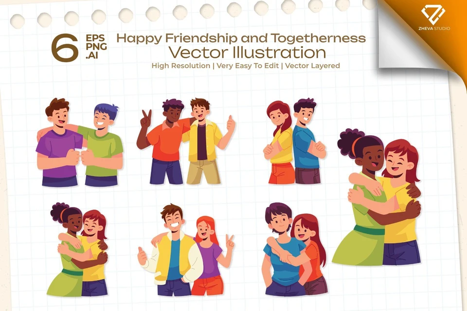 Premium Happy Friendship and Togetherness Vector Illustration – 6 EPS & PNG Files